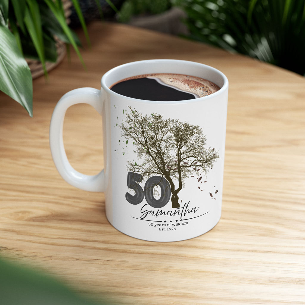 Personalized Tree Birthday Mug – Custom Age & Name, Tree with Falling Leaves Design, Meaningful Gift for Anniversary & Special Moments