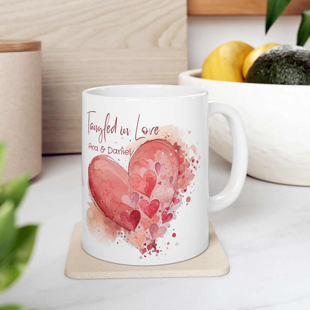 Personalized Tangled in Love Mug – Watercolor Heart Couple Gift with Names
