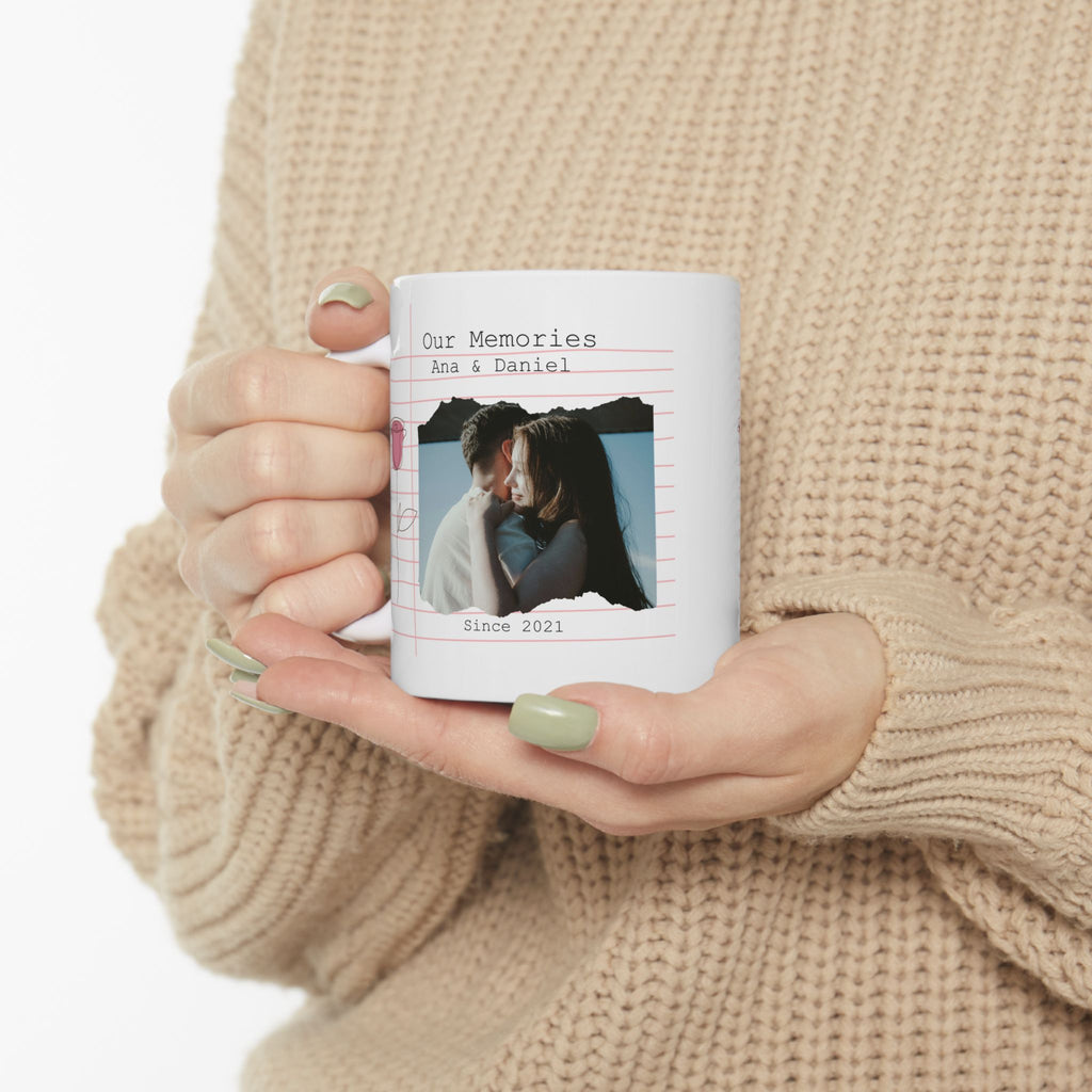 Personalized Couple Photo Mug – Our Memories Notebook Style with Names and Year