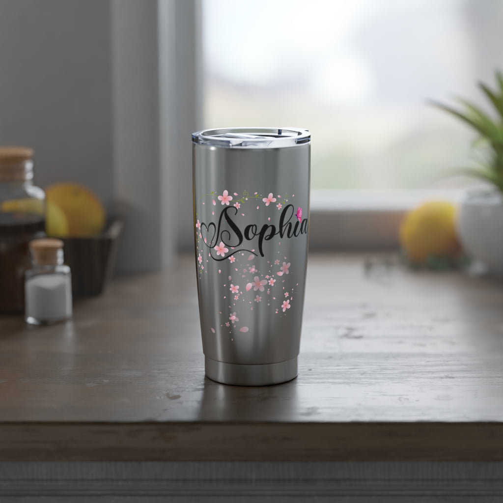 Personalized Tumbler with Name, Pink Blossom Flowers & Heart Design