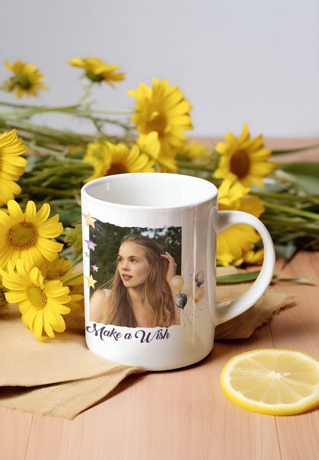 Custom Photo Birthday Mug - Personalized "Make a Wish" Coffee Mug with Picture & Balloons, Personalized Photo Mug for Birthday - "Make a Wish" Custom Picture Coffee Cup