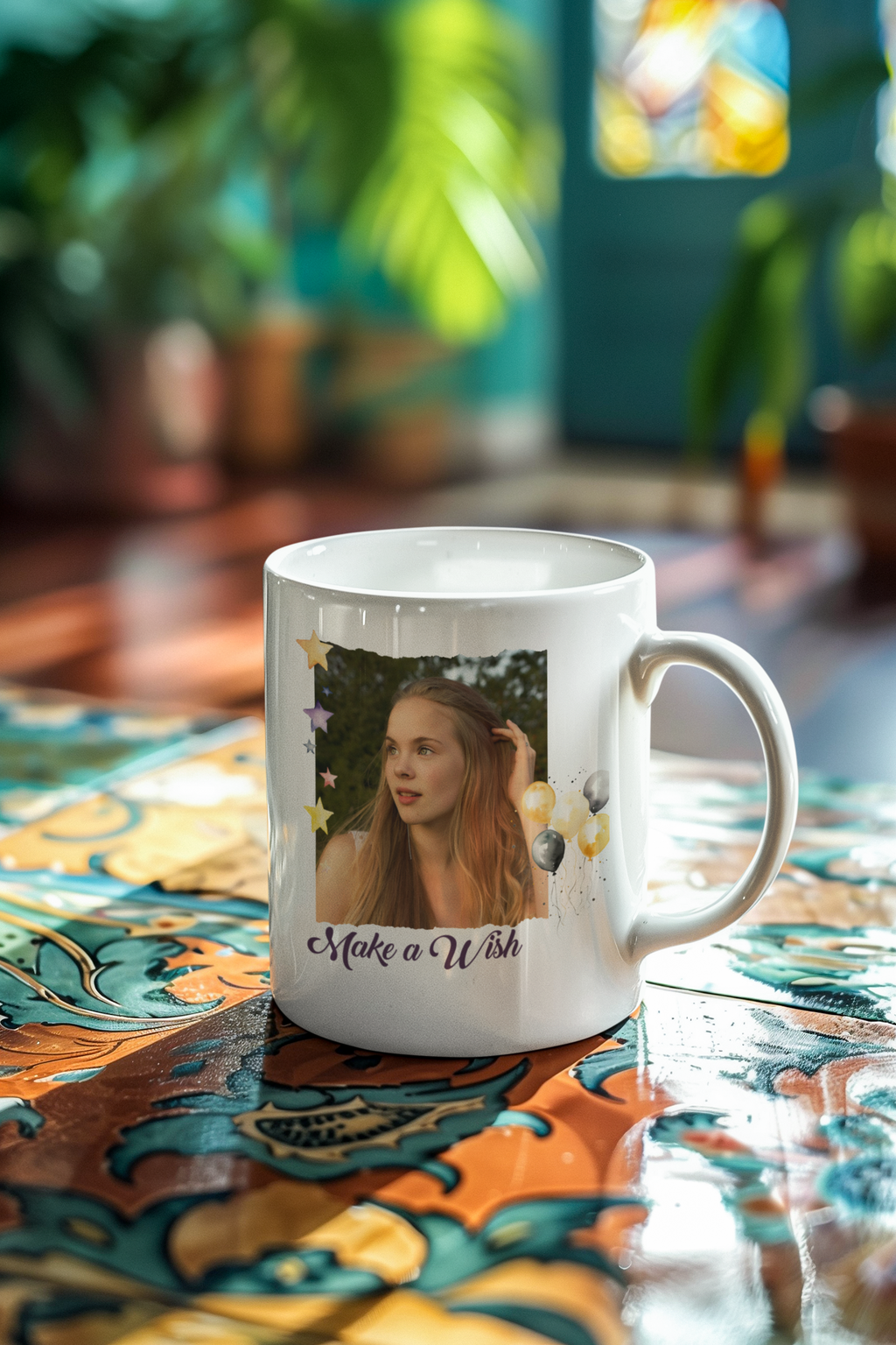 Custom Photo Birthday Mug - Personalized "Make a Wish" Coffee Mug with Picture & Balloons, Personalized Photo Mug for Birthday - "Make a Wish" Custom Picture Coffee Cup