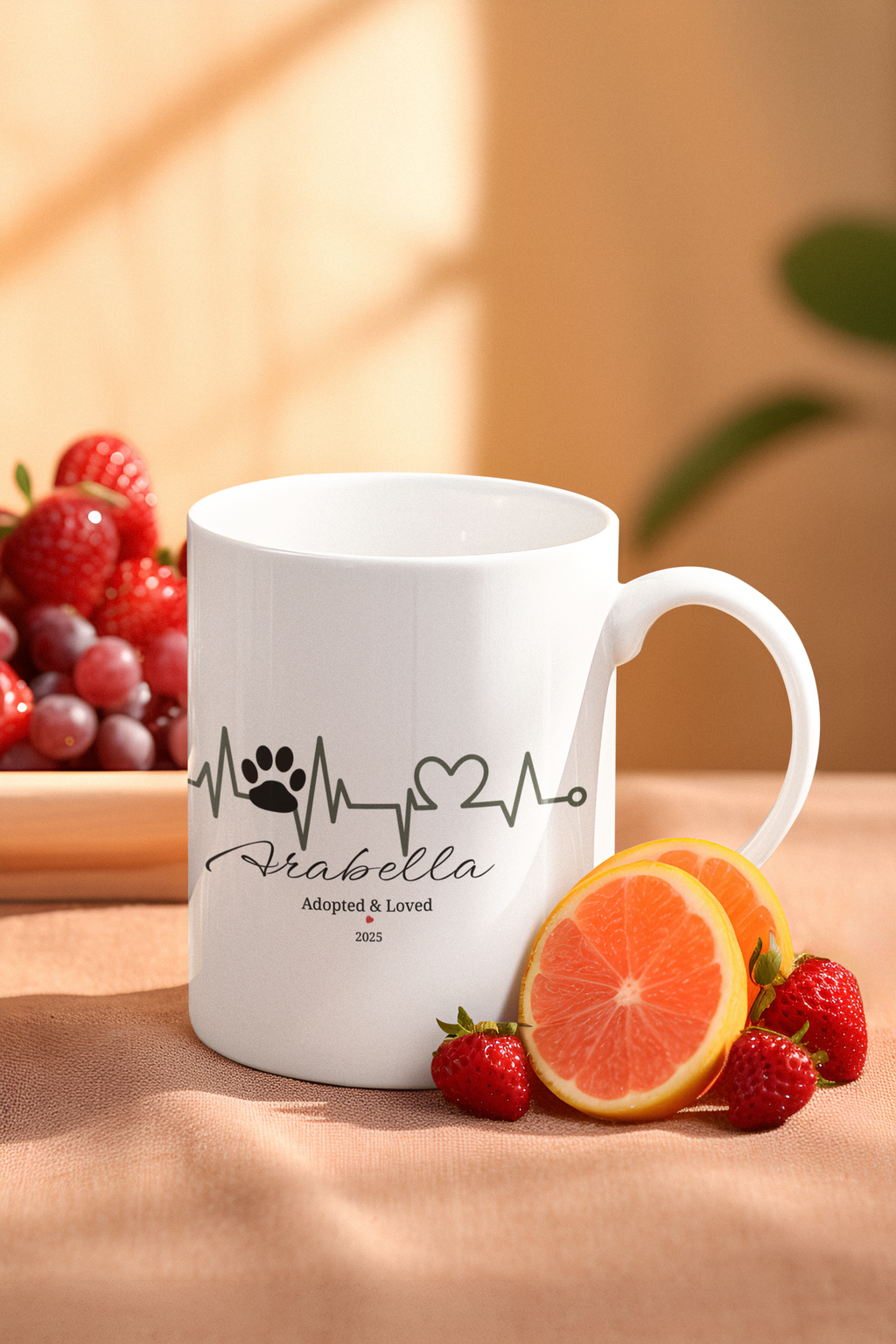 Personalized Heartbeat Paw Mug – Adopted & Loved, Custom Pet Name & Date, Dog & Cat Adoption Gift
