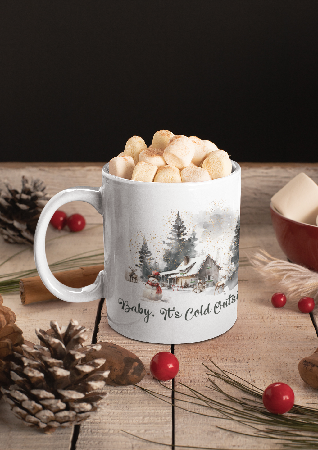Baby It's Cold Outside Mug | Cozy Winter Coffee Mug | Christmas Cabin Watercolor Mug | Snowy Cottage Ceramic Cup | Holiday Gift