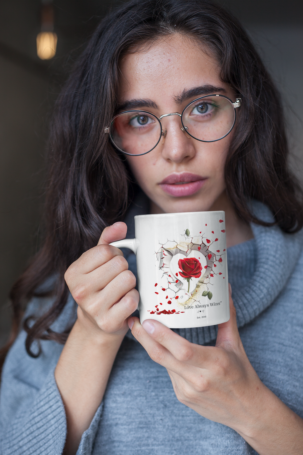 Personalized 3D Broken Wall Rose Mug with Gold Accents – Custom Initials & Est Year – Romantic Gift for Couples