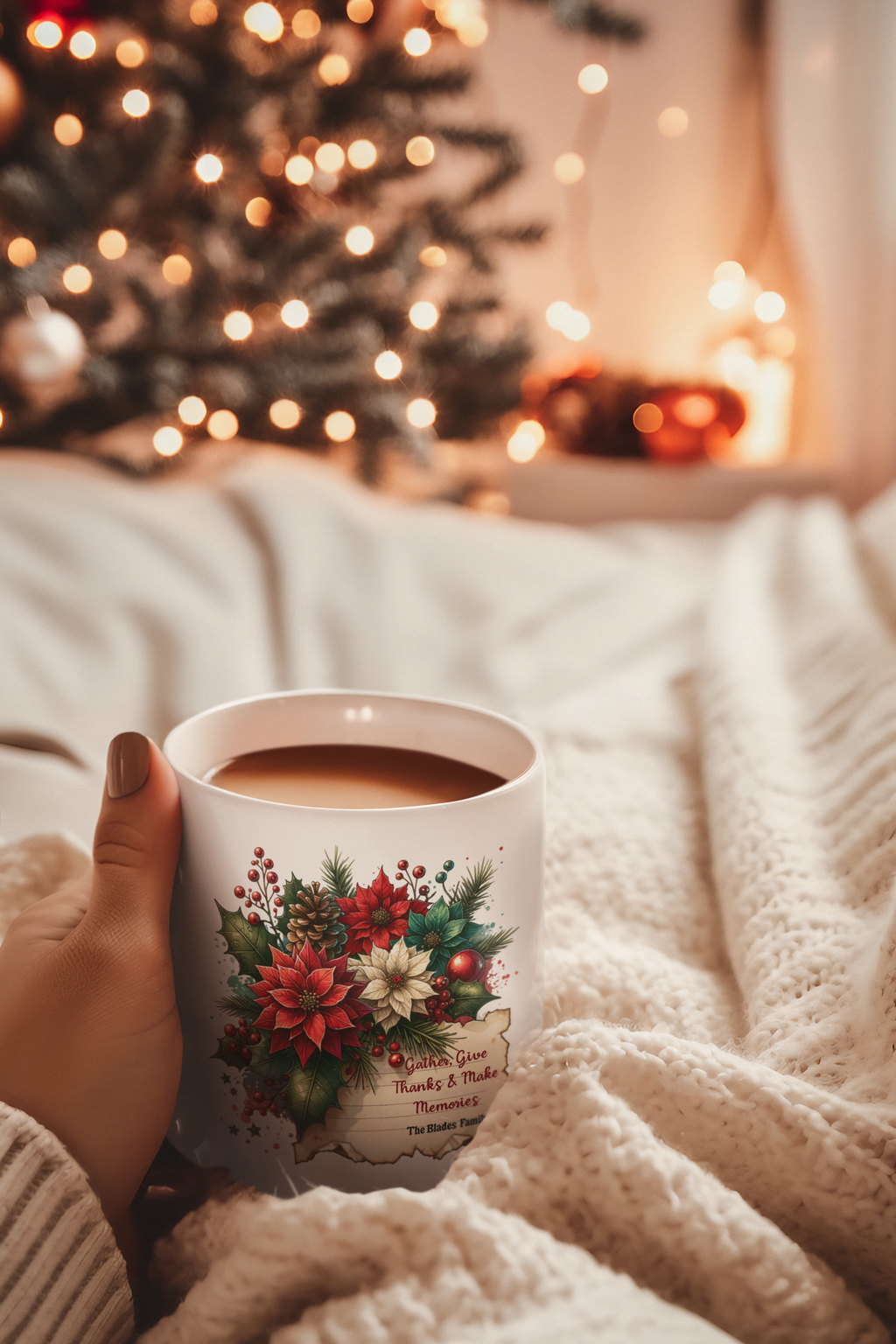 Personalized Christmas Family Mug, Custom Holiday Poinsettia Mug with Name, Thanksgiving Gift Mug