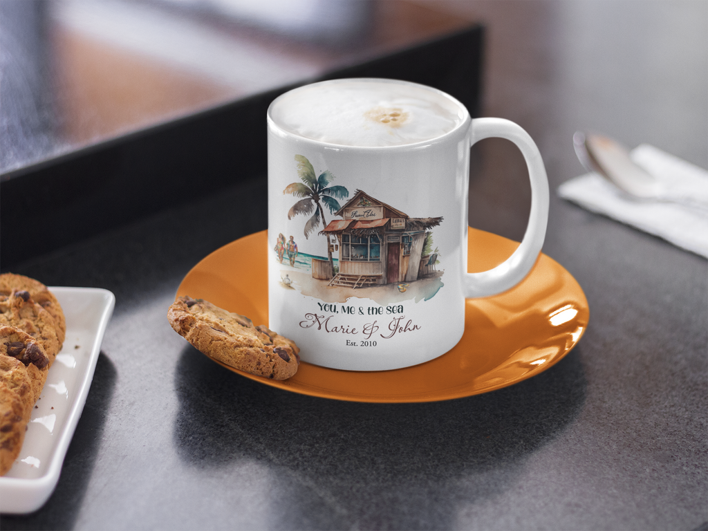Personalized Couple Beach Mug – Custom Names and Date Anniversary Gift, Personalized Couple Beach Mug | Anniversary Gift