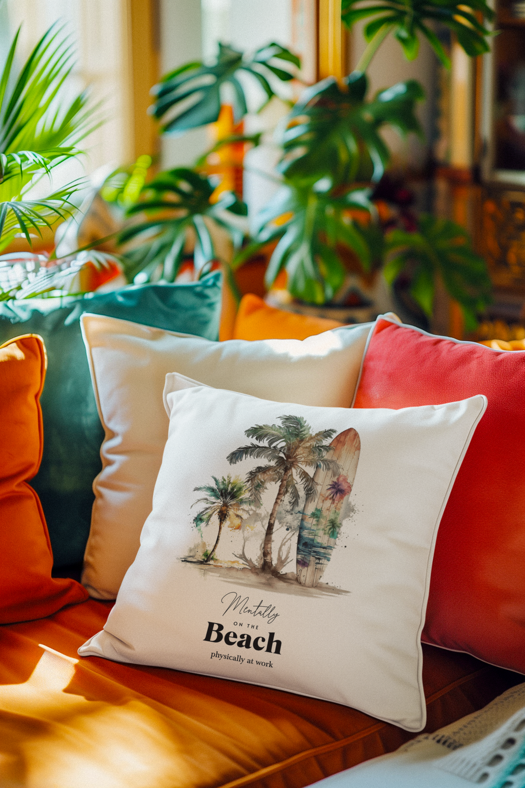 Mentally at the Beach Pillow – Summer Decor Cushion, Beach Lover Gift, Tropical Aesthetic Throw Pillow, Vacation Home Decor