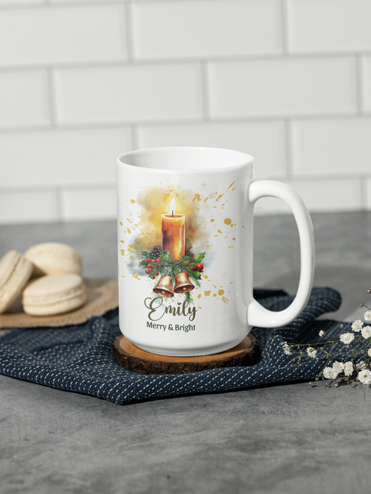 Personalized Christmas Candle Mug | Custom Name Christmas Coffee Mug | Merry & Bright Holiday Gift | Watercolor Christmas Mug
