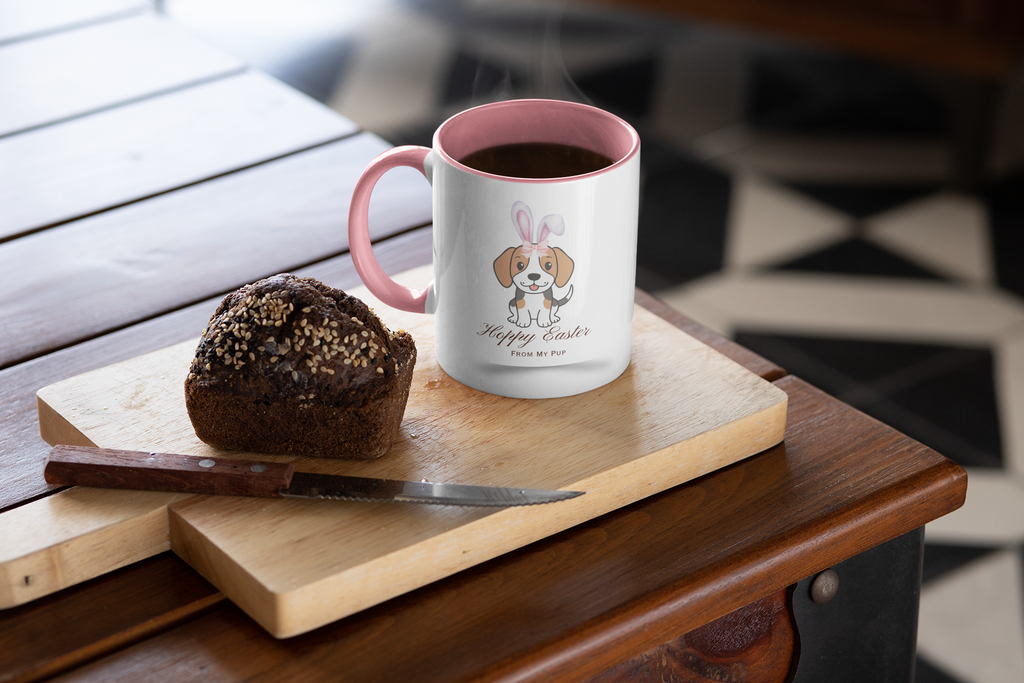 Personalized Easter Bunny Dog Coffee Mug – Custom Name Accent Mug – “Hoppy Easter” Cute 3D Dog with Bunny Ears – Easter Gift 11oz