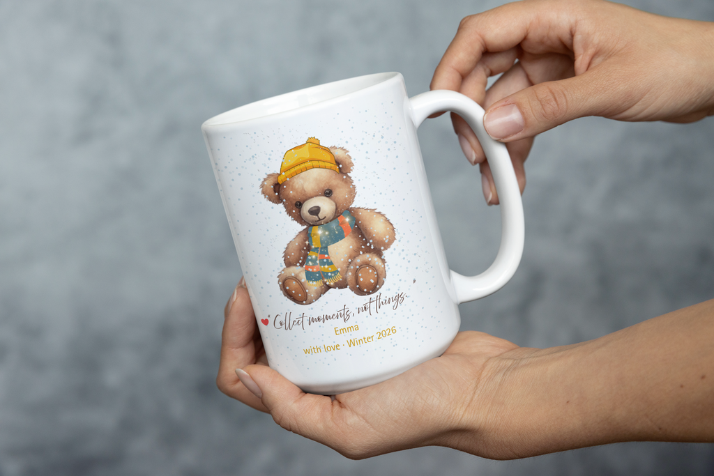 Personalized Teddy Bear Winter Mug – Cute Bear with Hat & Scarf, Custom Names & Year, Valentine’s & Anniversary Gift