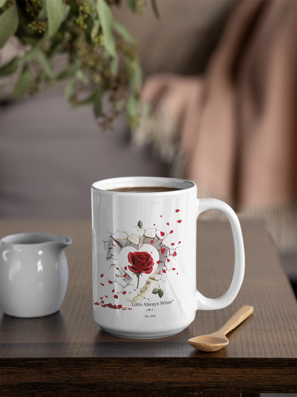 Personalized 3D Broken Wall Rose Mug with Gold Accents – Custom Initials & Est Year – Romantic Gift for Couples