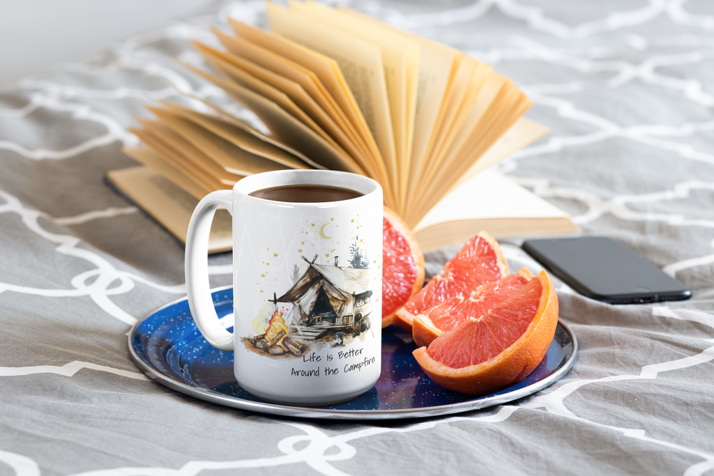Camping Mug with Dog – Life is Better Around the Campfire, Outdoor Adventure Coffee Cup, Campfire Nights Gift, Nature Lover Mug
