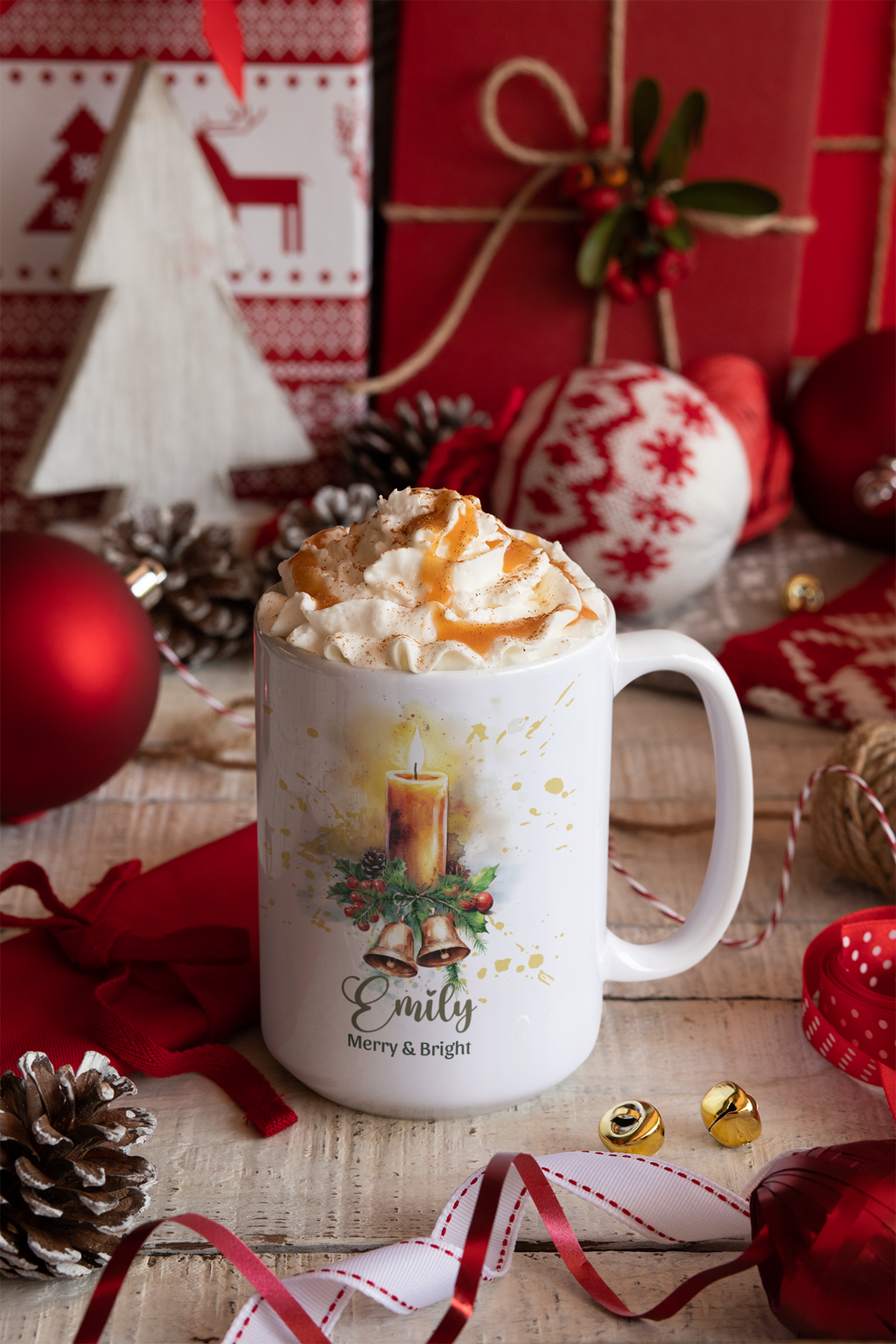 Personalized Christmas Candle Mug | Custom Name Christmas Coffee Mug | Merry & Bright Holiday Gift | Watercolor Christmas Mug