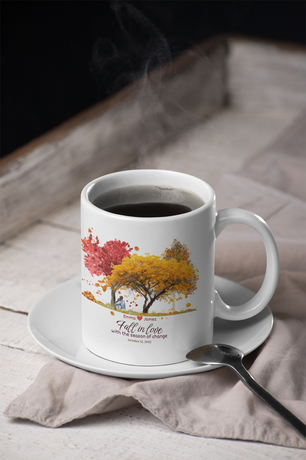 Personalized Fall Couple Mug | Custom Autumn Coffee Mug with Names & Date | Anniversary Gift for Couples | Watercolor Fall Trees Mug