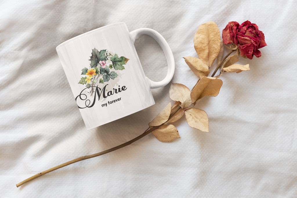 Personalized Name Mug – Custom Floral Coffee Mug – “My Forever” Romantic Gift – Minimalist Name Mug for Her