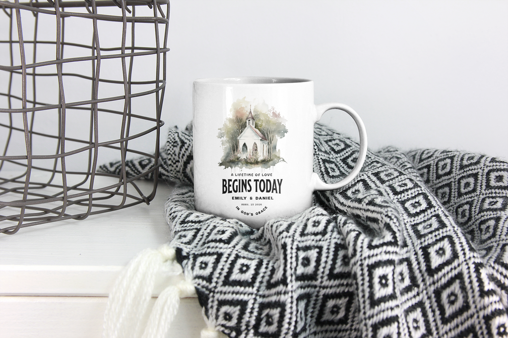 Personalized Wedding Mug with Names and Date, Church Wedding Gift, A Lifetime of Love Begins Today Mug, Custom Couple Gift, Bridal Shower Gift
