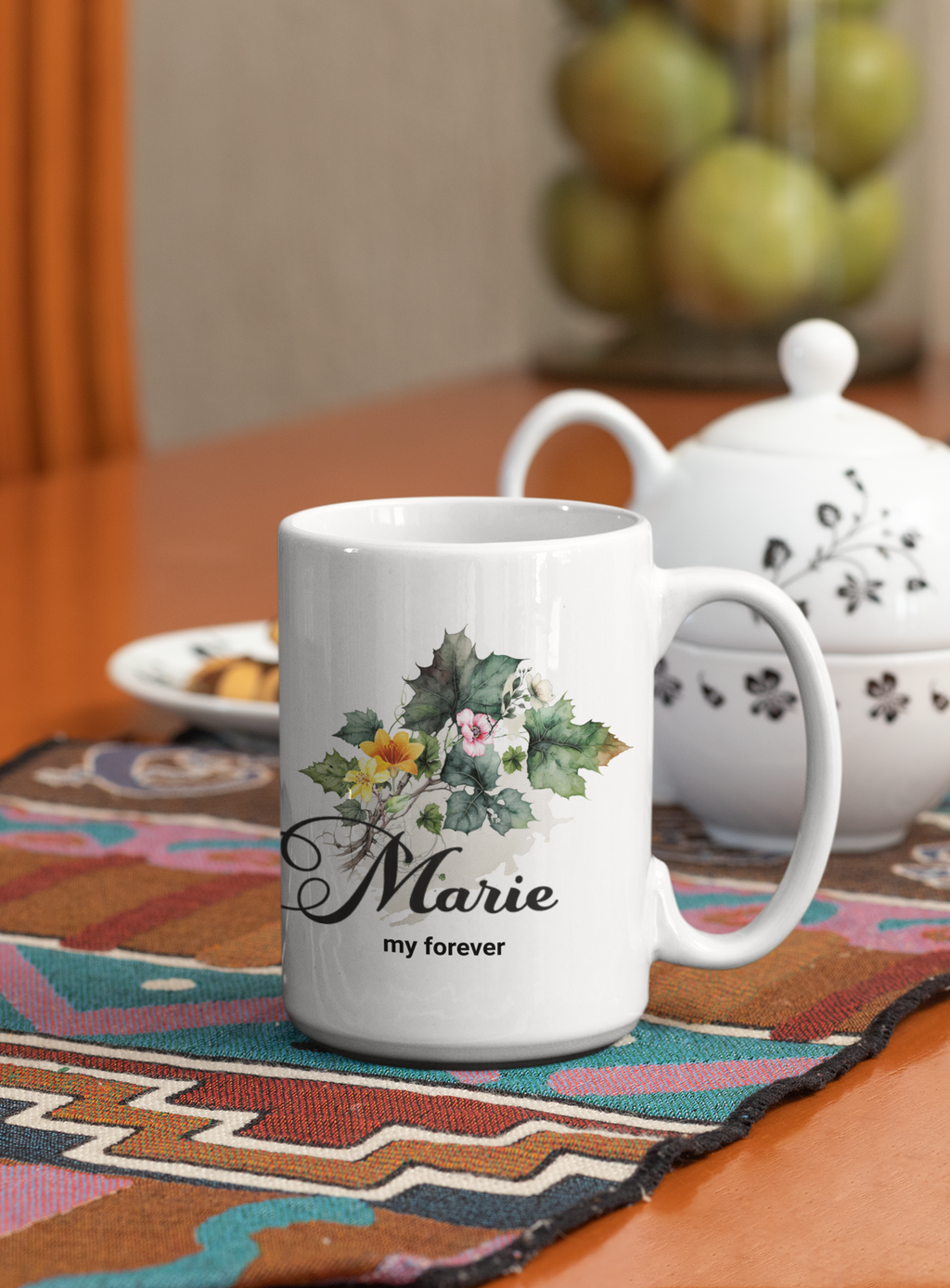 Personalized Name Mug – Custom Floral Coffee Mug – “My Forever” Romantic Gift – Minimalist Name Mug for Her