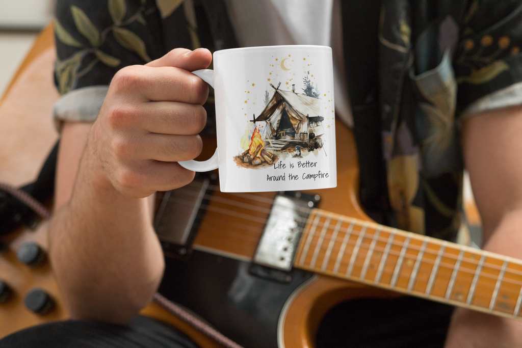 Camping Mug with Dog – Life is Better Around the Campfire, Outdoor Adventure Coffee Cup, Campfire Nights Gift, Nature Lover Mug