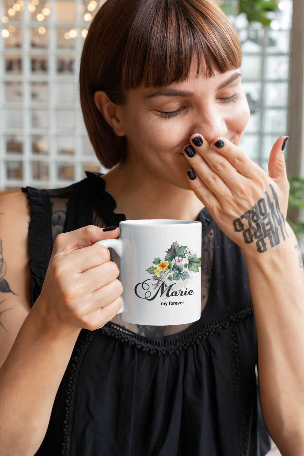 Personalized Name Mug – Custom Floral Coffee Mug – “My Forever” Romantic Gift – Minimalist Name Mug for Her