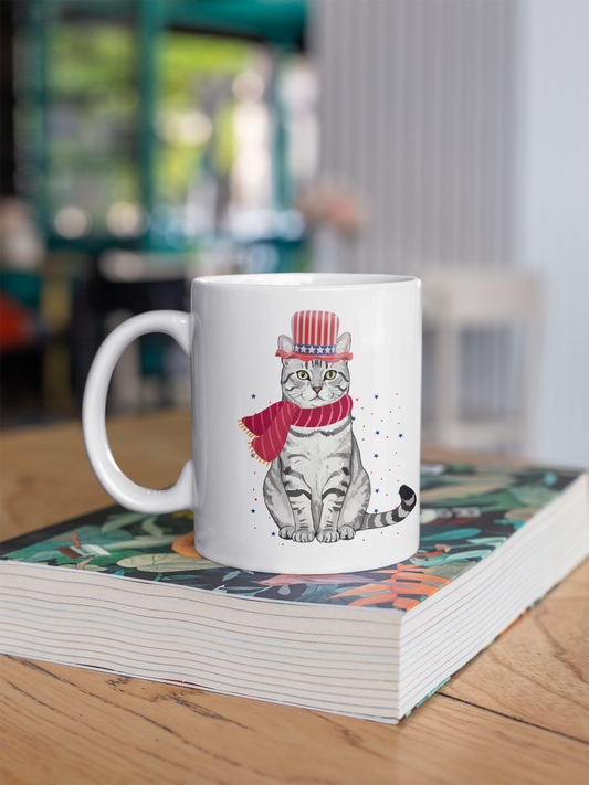 Patriotic Cat Mug – Cute USA Animal Coffee Cup | Red White and Blue Design
