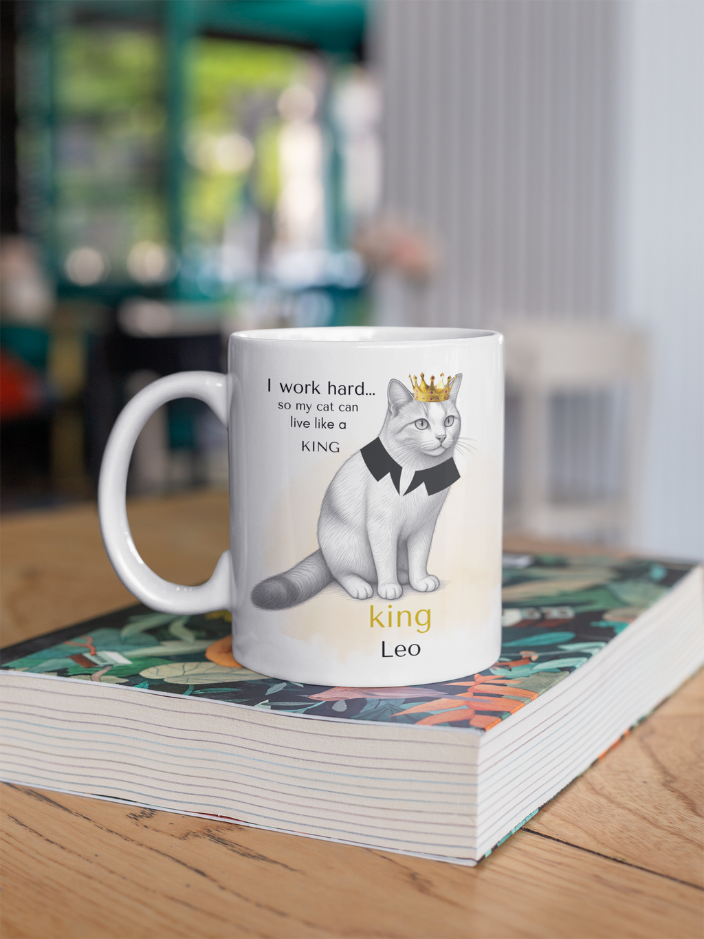 Personalized Cat Mug from Photo – King Queen Princess Pet Portrait Mug, Custom Cat Drawing Mug, I Work Hard Cat Mug, Pet Lover Gift
