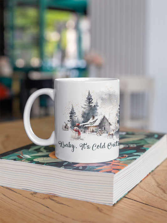 Baby It's Cold Outside Mug | Cozy Winter Coffee Mug | Christmas Cabin Watercolor Mug | Snowy Cottage Ceramic Cup | Holiday Gift