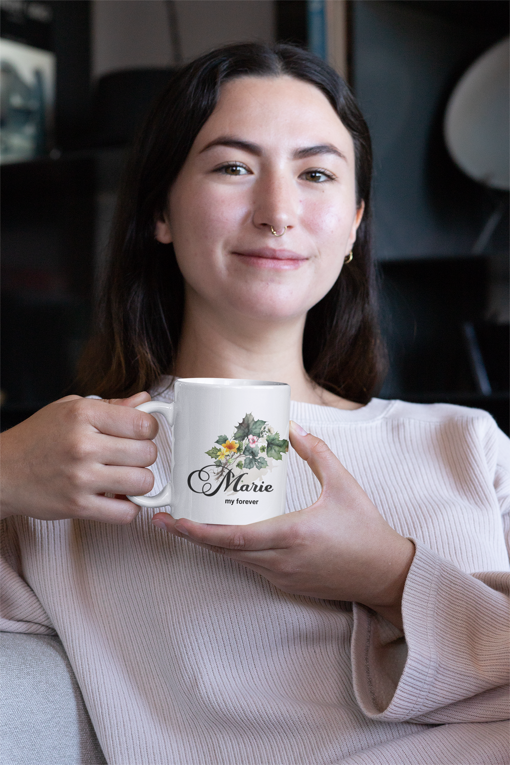 Personalized Name Mug – Custom Floral Coffee Mug – “My Forever” Romantic Gift – Minimalist Name Mug for Her