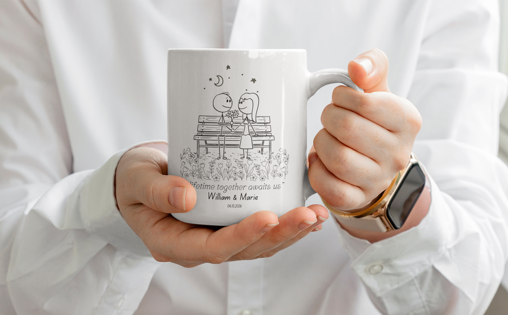Personalized Wedding Mug for Couple – “A Lifetime Together Awaits Us” Custom Coffee Cup, Romantic Engagement Gift, Bride & Groom Mug with Names and Date