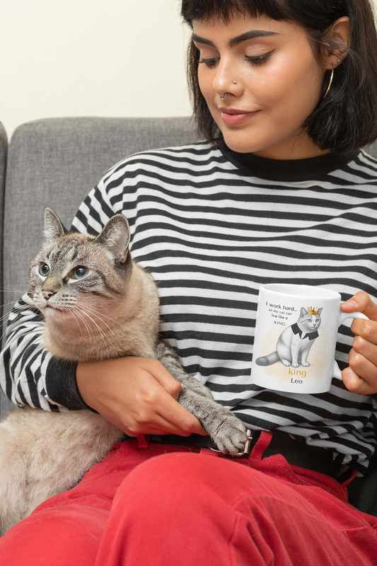 Personalized Cat Mug from Photo – King Queen Princess Pet Portrait Mug, Custom Cat Drawing Mug, I Work Hard Cat Mug, Pet Lover Gift