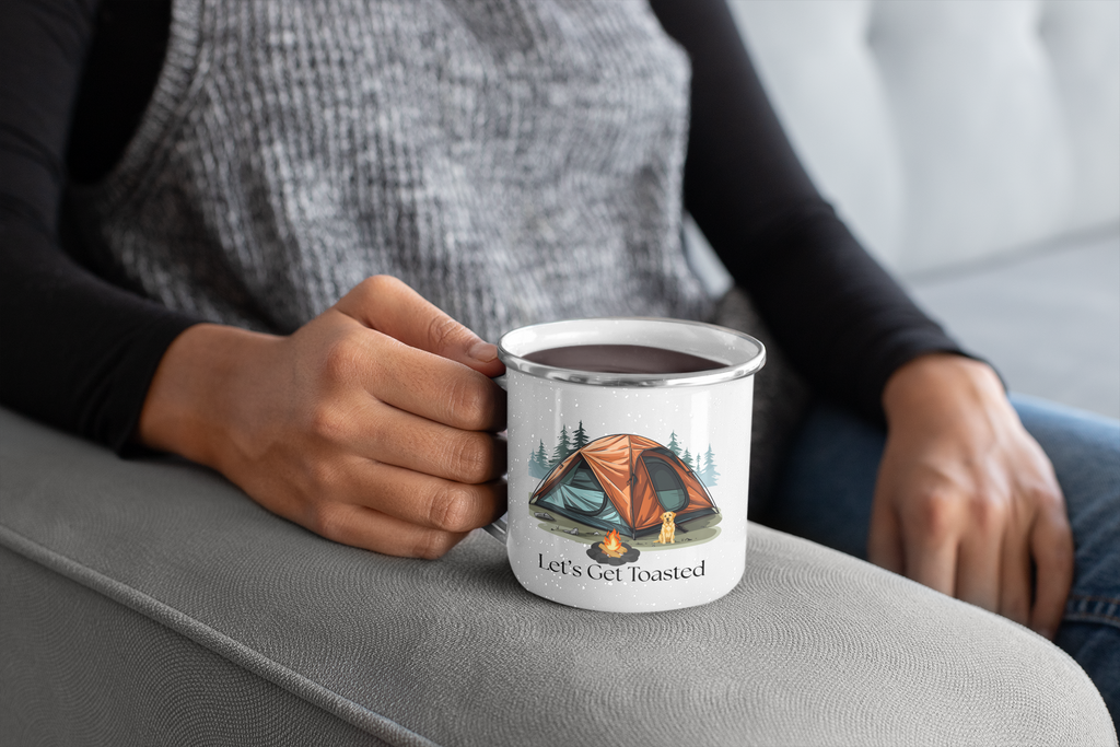 Let's Get Toasted Camping Mug | Funny Camper Coffee Mug | Campfire Enamel Mug | Outdoor Adventure Gift | Camping Lover Mug