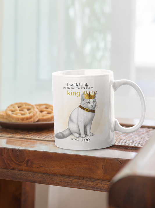 Personalized Cat Mug from Photo – King Queen Princess Pet Portrait Mug, Custom Cat Drawing Mug, I Work Hard Cat Mug, Pet Lover Gift