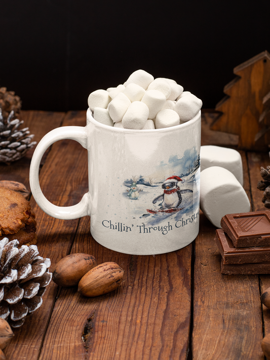 Chillin’ Through Christmas Penguin Mug – Funny Holiday Gift,Chillin’ Through Christmas penguin mug with watercolor winter design