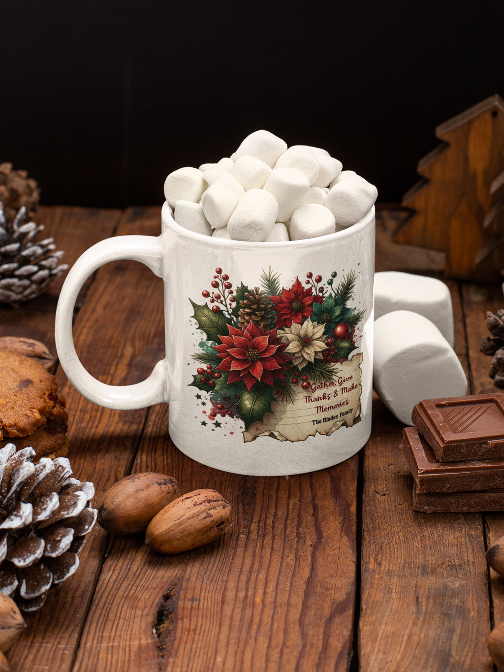 Personalized Christmas Family Mug, Custom Holiday Poinsettia Mug with Name, Thanksgiving Gift Mug