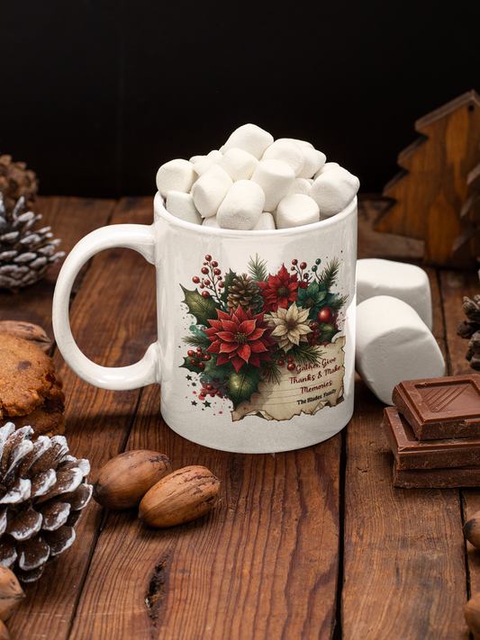 Personalized Christmas Family Mug, Custom Holiday Poinsettia Mug with Name, Thanksgiving Gift Mug