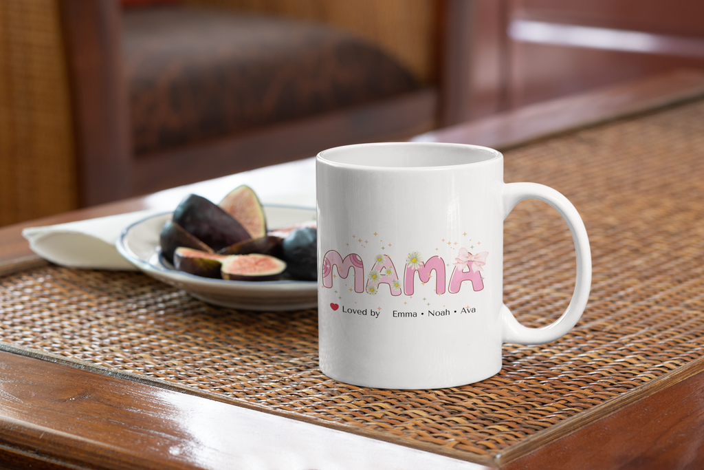 Personalized Mama Mug with Kids Names, Custom Mom Gift, Floral Mama Coffee Mug, Mother's Day Gift, Gift for Mom from Kids, Cute Pink Daisy Mug