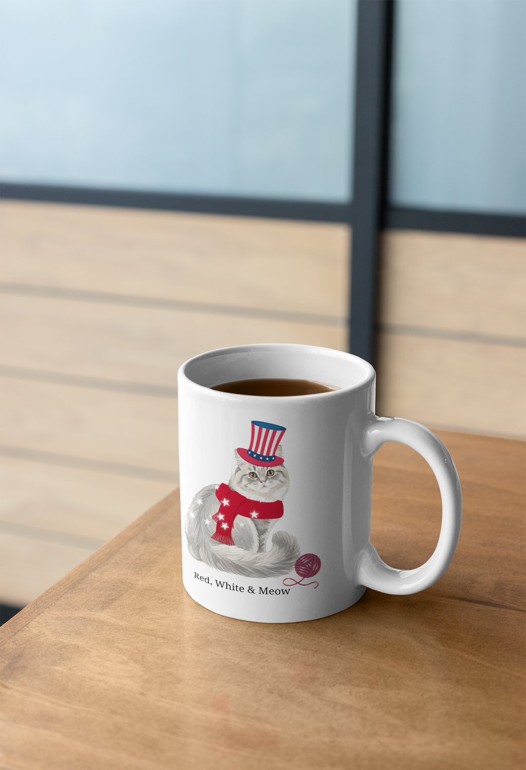 Red, White & Meow Cat Mug – Cute Patriotic USA Coffee Cup