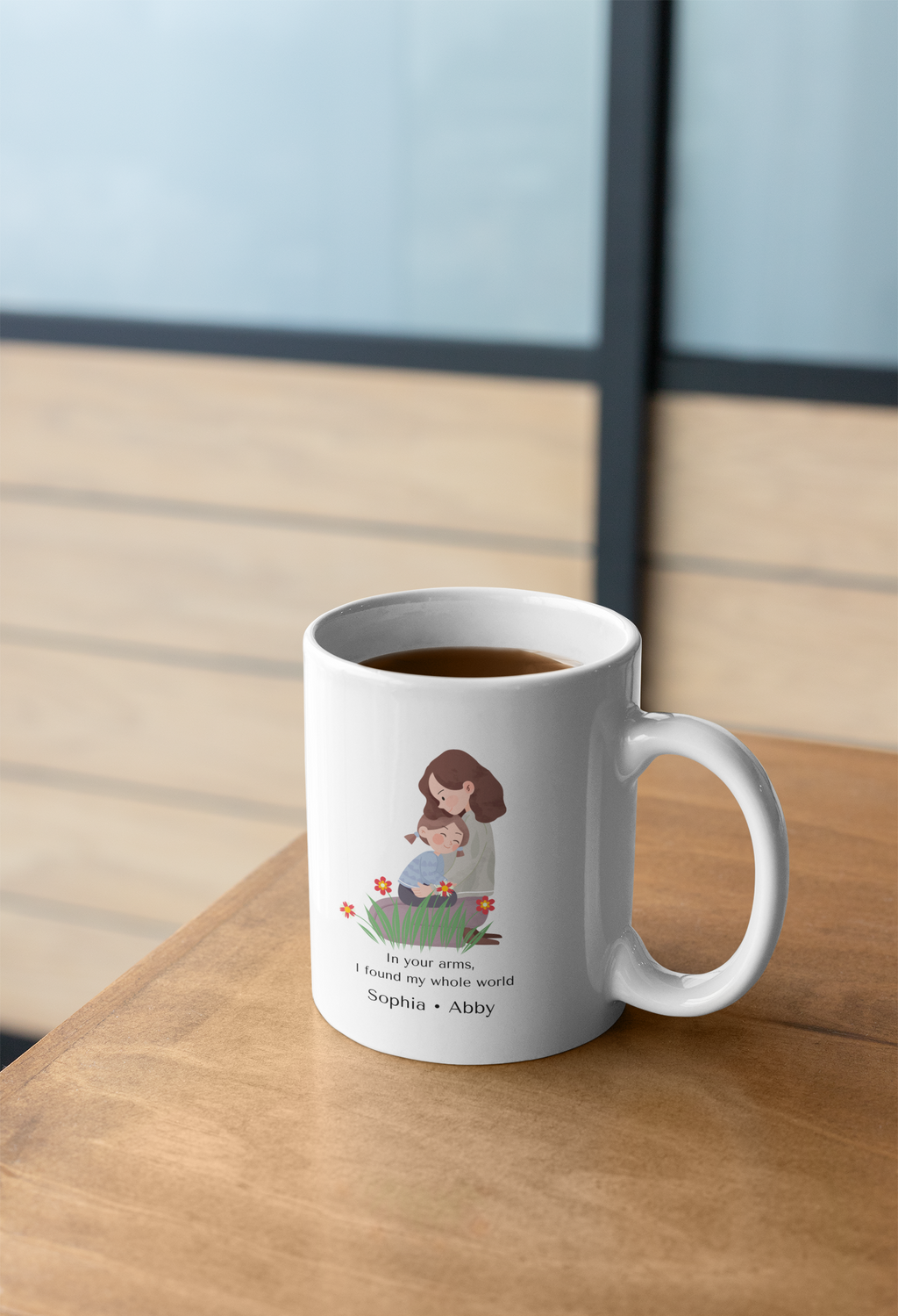 Personalized Mom Mug – “In Your Arms I Found My Whole World” – Custom Kids Names Mug – Emotional Gift for Mom