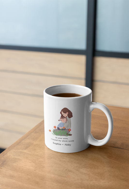 Personalized Mom Mug – “In Your Arms I Found My Whole World” – Custom Kids Names Mug – Emotional Gift for Mom