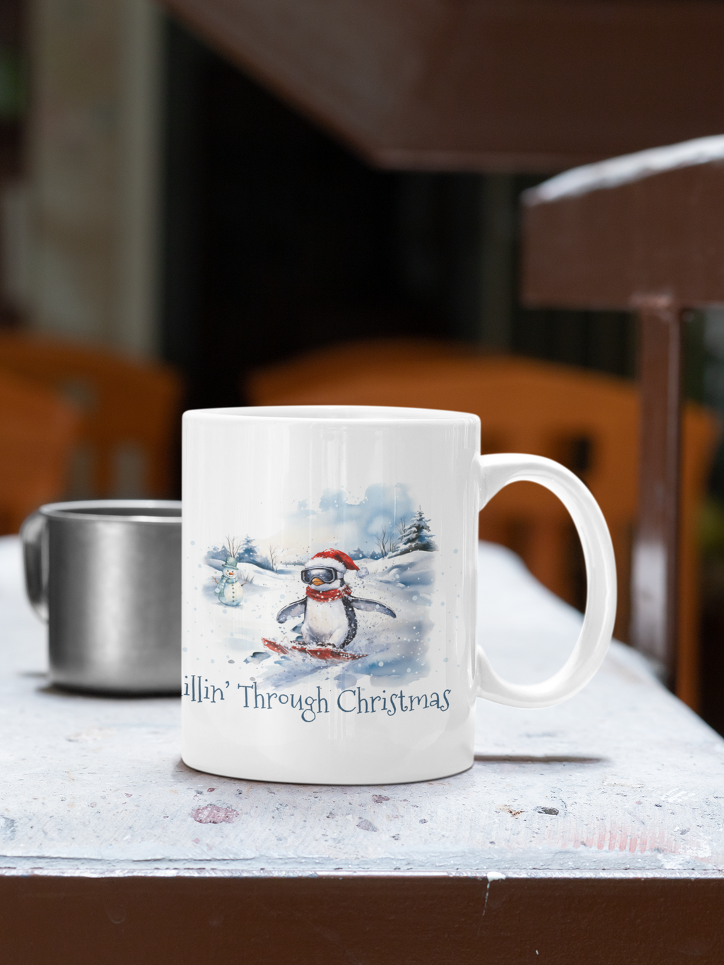 Chillin’ Through Christmas Penguin Mug – Funny Holiday Gift,Chillin’ Through Christmas penguin mug with watercolor winter design