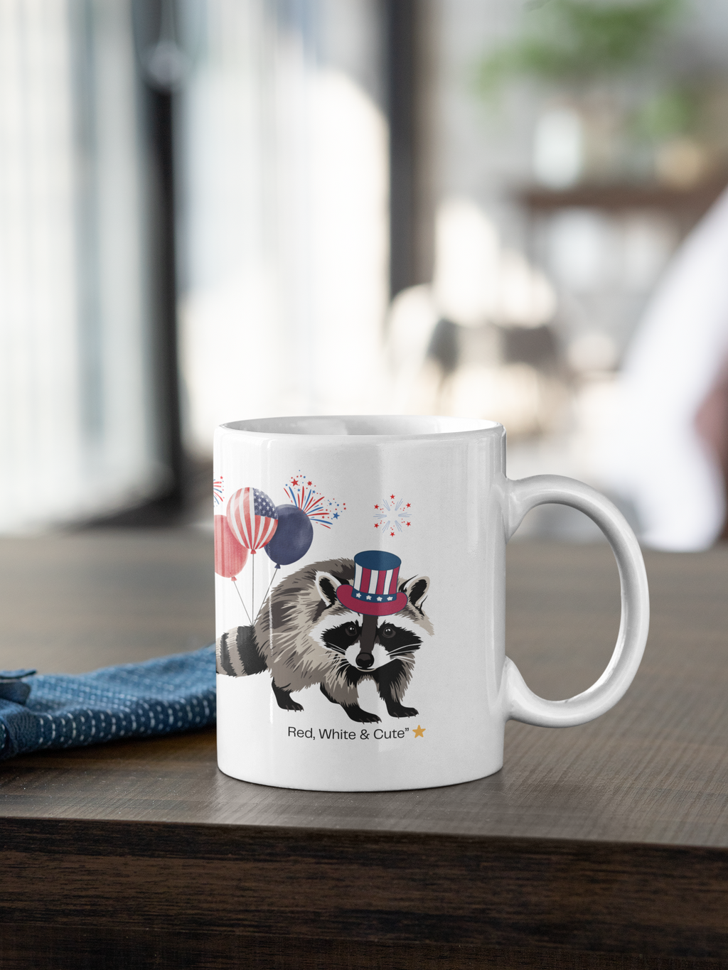 Patriotic Raccoon Mug – Red, White & Cute Design with Balloons, Fun USA Coffee Cup Gift
