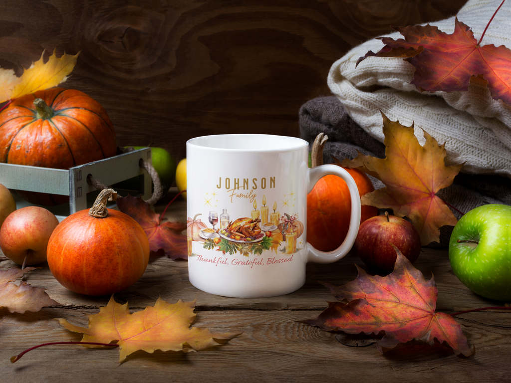 Personalized Thanksgiving Family Mug – Custom Last Name, Thankful Grateful Blessed Coffee Cup,Personalization required: Enter your family last name exactly as you want it printed.