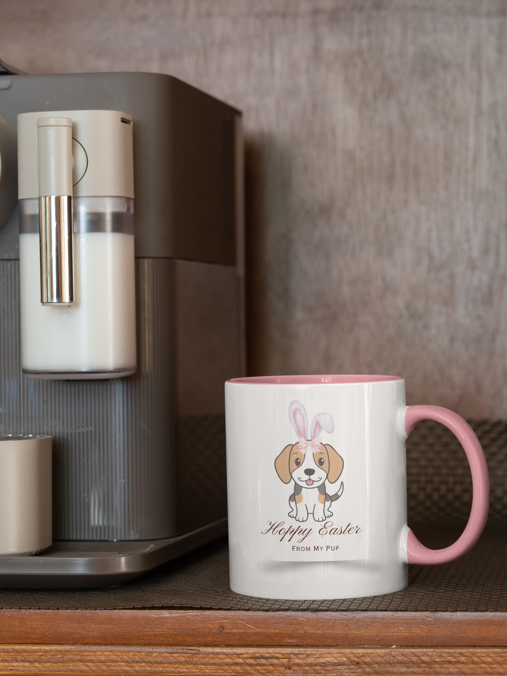Personalized Easter Bunny Dog Coffee Mug – Custom Name Accent Mug – “Hoppy Easter” Cute 3D Dog with Bunny Ears – Easter Gift 11oz