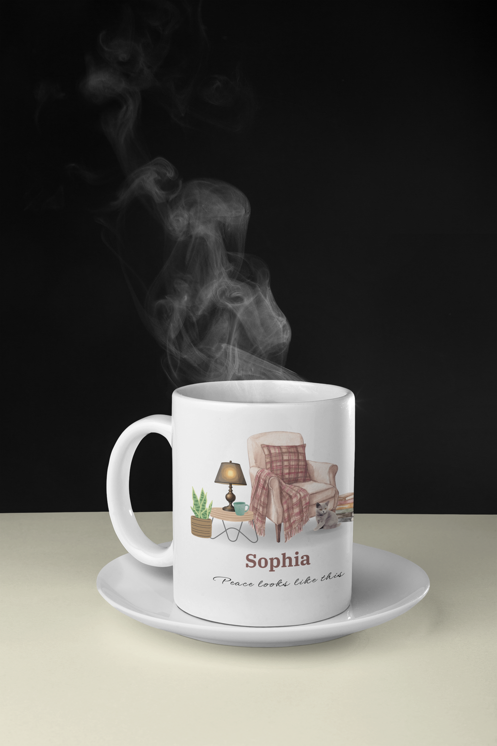 Personalized Cozy Cat Mug – Custom Name Coffee Cup, Peace Looks Like This Mug, Cat Lover Gift, Self Care Aesthetic Mug, Gift for Her