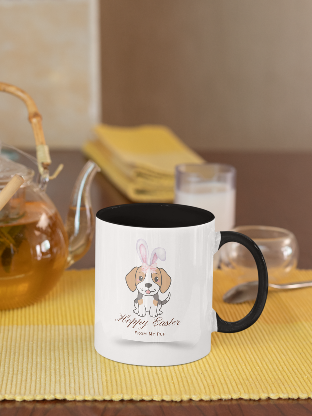 Personalized Easter Bunny Dog Coffee Mug – Custom Name Accent Mug – “Hoppy Easter” Cute 3D Dog with Bunny Ears – Easter Gift 11oz