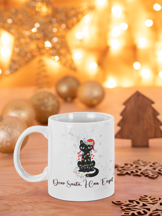 Funny Christmas Cat Mug - "Dear Santa, I Can Explain" Ceramic Coffee Cup - Holiday Gift for Cat Lovers