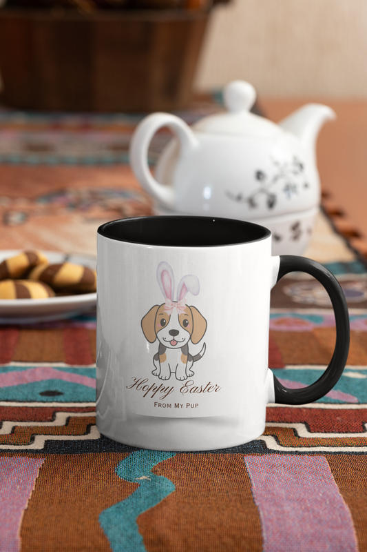 Personalized Easter Bunny Dog Coffee Mug – Custom Name Accent Mug – “Hoppy Easter” Cute 3D Dog with Bunny Ears – Easter Gift 11oz