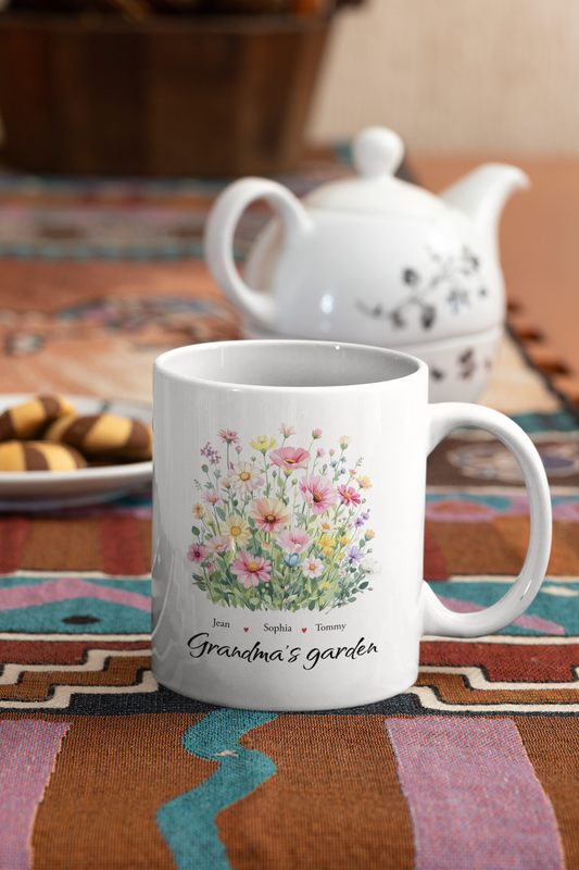 Personalized Grandma’s Garden Mug with Names, Custom Floral Mug for Grandma, Nana Mimi Mom Gift, Grandchildren Names Coffee Mug, Mother’s Day Gift