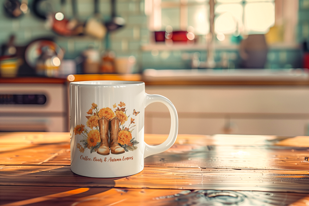 Coffee Boots & Autumn Leaves Mug | Fall Coffee Mug | Western Autumn Mug | Sunflower Fall Coffee Cup | Cozy Fall Gift for Women