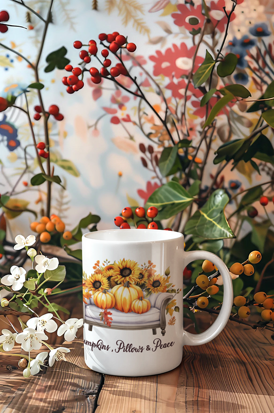 Pumpkins Pillows & Peace Mug | Cozy Fall Coffee Mug | Pumpkin Sunflower Mug | Autumn Coffee Cup | Thanksgiving Gift for Her